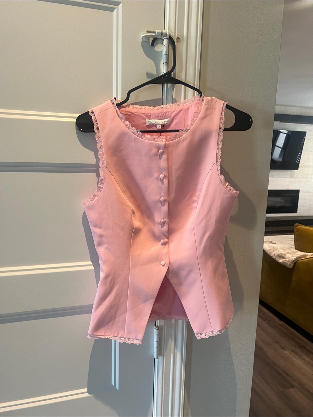 Sleeveless Pink Button-Front Lace-Trim Blouse
